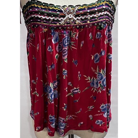 Free People Shoulder Ties Boho Red Multicolor Floral Sequin Beaded Tank Sz Med - Picture 7 of 16